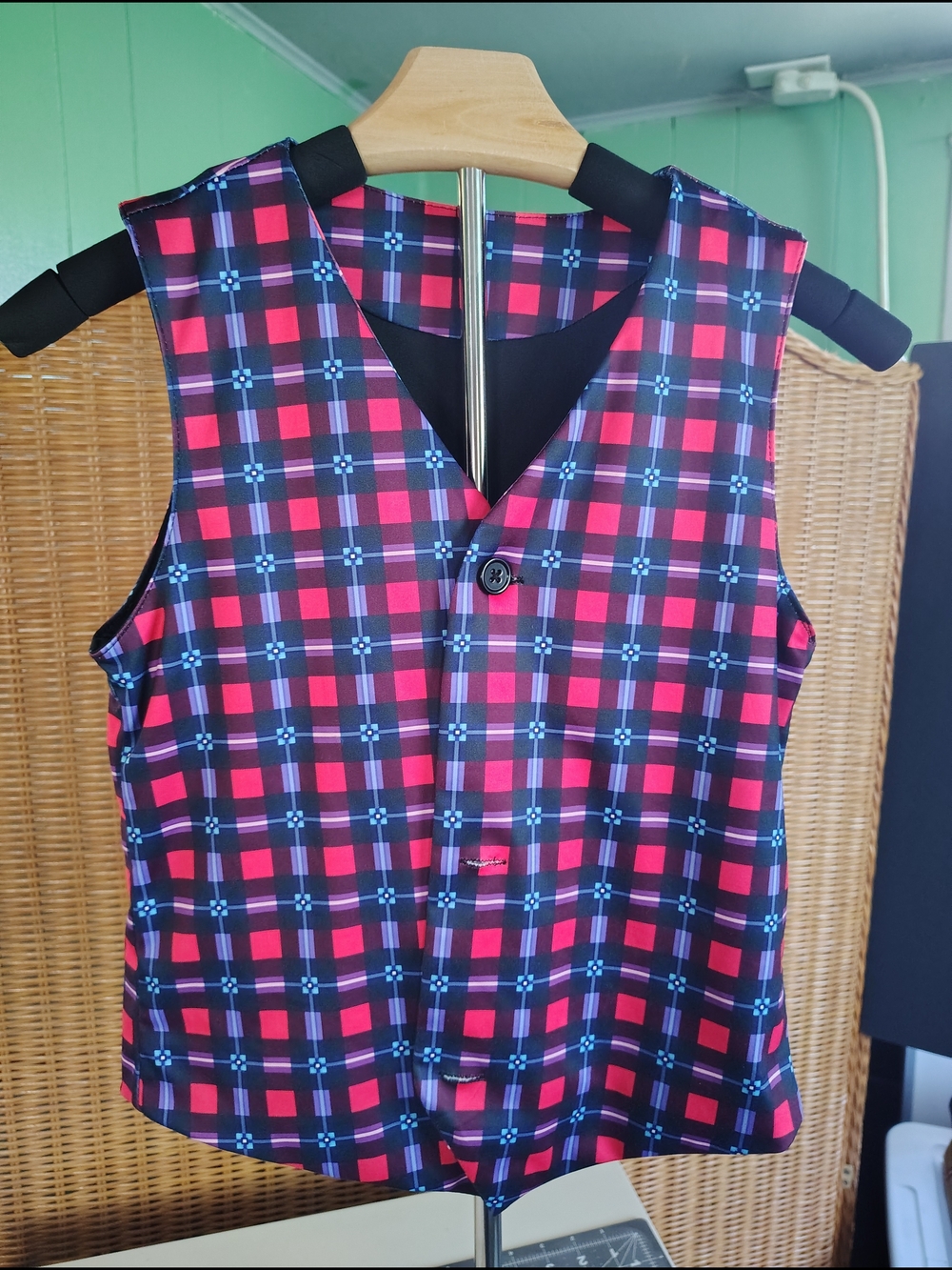 Plaid Button Front Vest in Black, Red & Blue